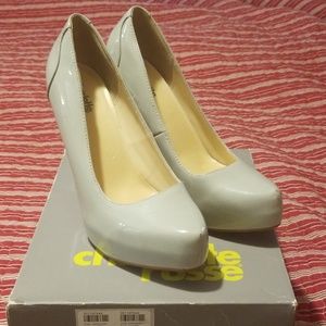 Gray patent platform heels